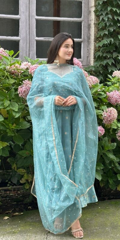 Solid Sky Blue Vichitra Silk Sequence Work Gown | Gowns, Bollywood Gowns, Creative Gowns, Designer Gowns, Embroidered Gowns, Party Wear Gowns