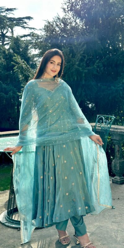 Solid Sky Blue Vichitra Silk Sequence Work Gown | Gowns, Bollywood Gowns, Creative Gowns, Designer Gowns, Embroidered Gowns, Party Wear Gowns