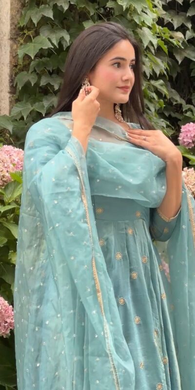Solid Sky Blue Vichitra Silk Sequence Work Gown | Gowns, Bollywood Gowns, Creative Gowns, Designer Gowns, Embroidered Gowns, Party Wear Gowns