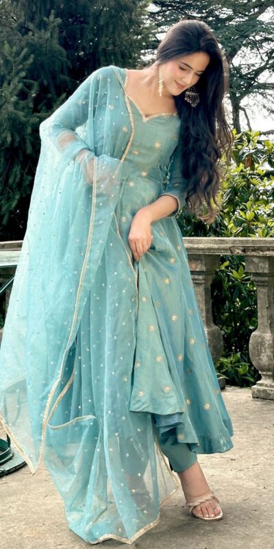 Solid Sky Blue Vichitra Silk Sequence Work Gown | Gowns, Bollywood Gowns, Creative Gowns, Designer Gowns, Embroidered Gowns, Party Wear Gowns