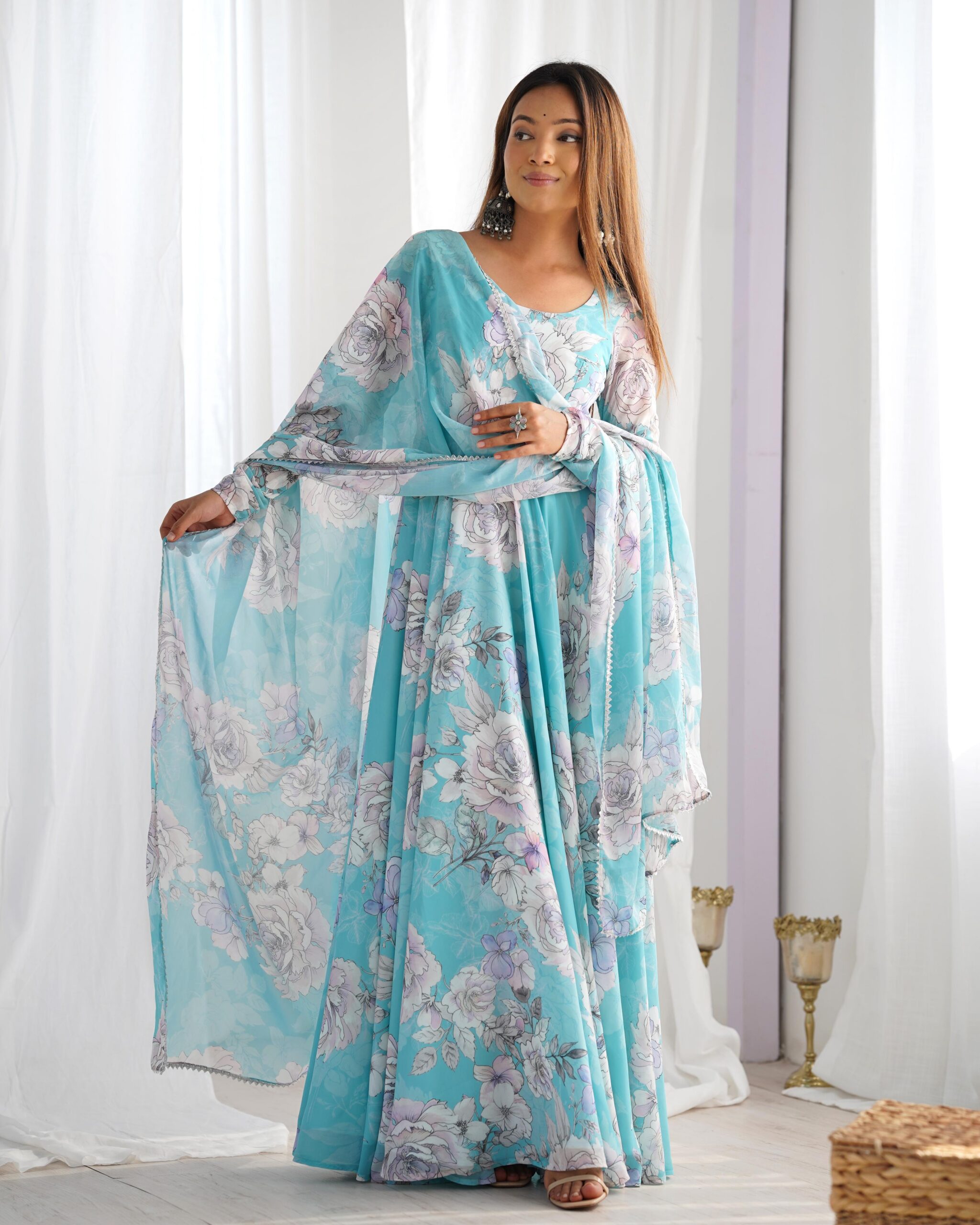 Stunning Sky Blue Fox Georgette Floral Printed Gown | Gowns, Bollywood Gowns, Creative Gowns, Designer Gowns, Embroidered Gowns, Party Wear Gowns