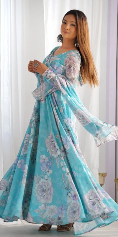 Stunning Sky Blue Fox Georgette Floral Printed Gown | Gowns, Bollywood Gowns, Creative Gowns, Designer Gowns, Embroidered Gowns, Party Wear Gowns