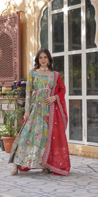 Stylish Sky Blue Russian Silk Embroidery Work Gown | Gowns, Bollywood Gowns, Creative Gowns, Designer Gowns, Embroidered Gowns, Party Wear Gowns