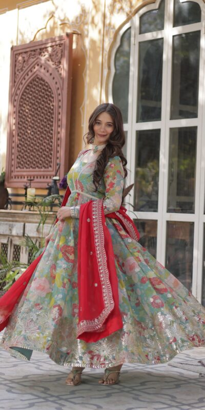 Stylish Sky Blue Russian Silk Embroidery Work Gown | Gowns, Bollywood Gowns, Creative Gowns, Designer Gowns, Embroidered Gowns, Party Wear Gowns