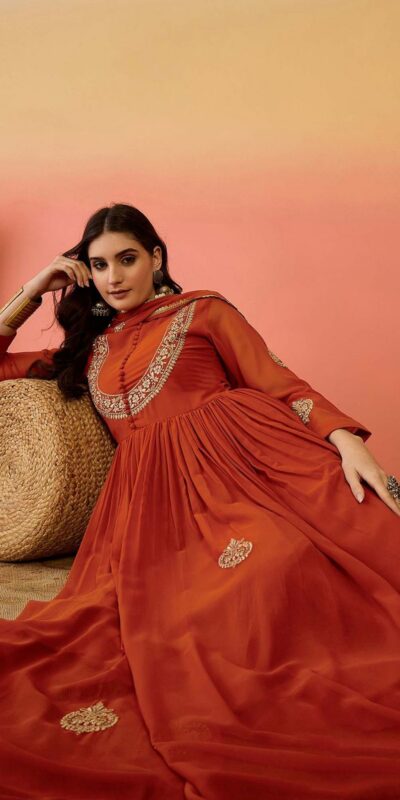 Superb Rust Fox Blooming Georgette Lace Work Gown | Gowns, Bollywood Gowns, Creative Gowns, Designer Gowns, Embroidered Gowns, Party Wear Gowns