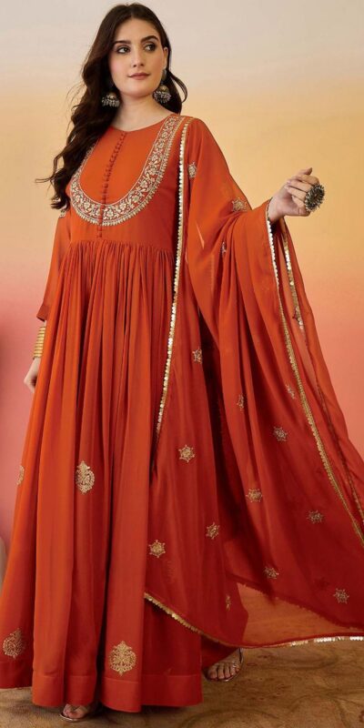 Superb Rust Fox Blooming Georgette Lace Work Gown | Gowns, Bollywood Gowns, Creative Gowns, Designer Gowns, Embroidered Gowns, Party Wear Gowns