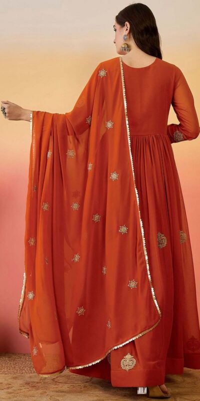 Superb Rust Fox Blooming Georgette Lace Work Gown | Gowns, Bollywood Gowns, Creative Gowns, Designer Gowns, Embroidered Gowns, Party Wear Gowns