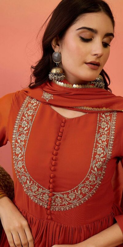 Superb Rust Fox Blooming Georgette Lace Work Gown | Gowns, Bollywood Gowns, Creative Gowns, Designer Gowns, Embroidered Gowns, Party Wear Gowns