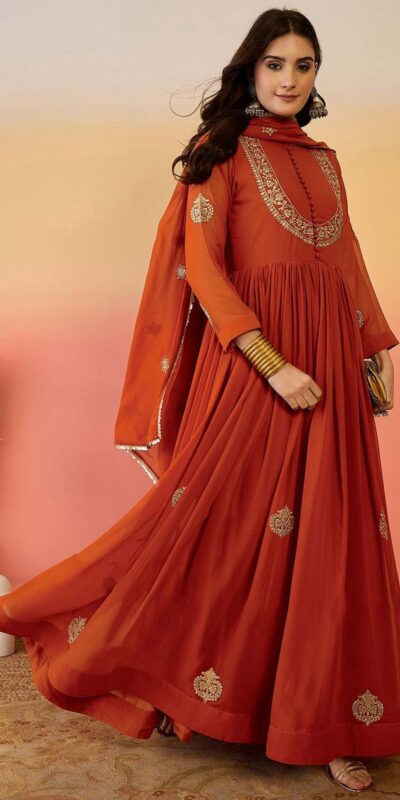 Superb Rust Fox Blooming Georgette Lace Work Gown | Gowns, Bollywood Gowns, Creative Gowns, Designer Gowns, Embroidered Gowns, Party Wear Gowns