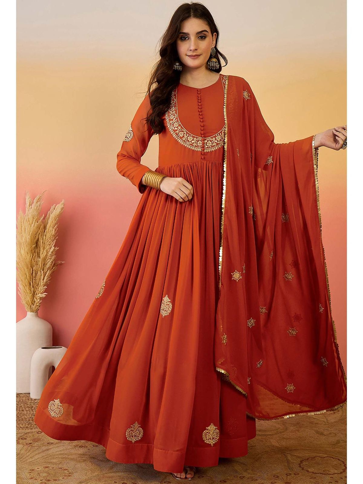 Superb Rust Fox Blooming Georgette Lace Work Gown | Gowns, Bollywood Gowns, Creative Gowns, Designer Gowns, Embroidered Gowns, Party Wear Gowns