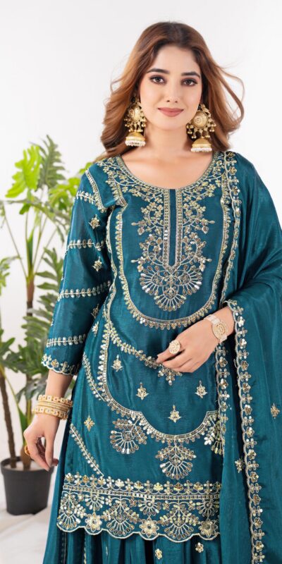 Teal Chinon Silk Embroider Lace Work Salwar Suit | Jump Suits, Salwar suit, Casual Suits, Creative suits, Designer Suits, Palazzo Suits, Party Wear Suits, Patiala Suits, Straight Suits