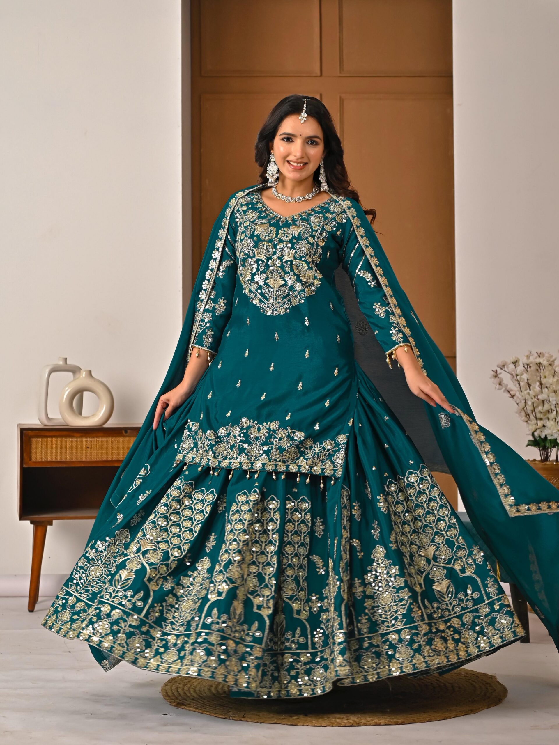 Teal Chinon Silk Embroidery Zari Work Lehenga Choli | Lehenga, Bollywood Lehenga, Creative Lehenga, Designer Lehenga, Embroidered Lehenga, Party Wear Lehenga