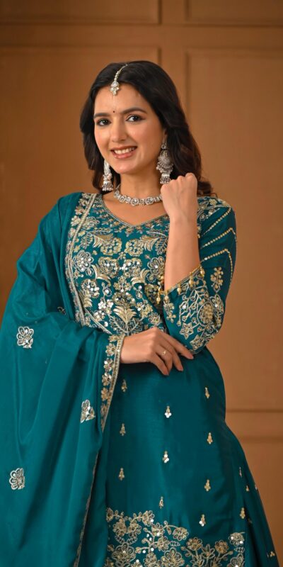 Teal Chinon Silk Embroidery Zari Work Lehenga Choli | Lehenga, Bollywood Lehenga, Creative Lehenga, Designer Lehenga, Embroidered Lehenga, Party Wear Lehenga