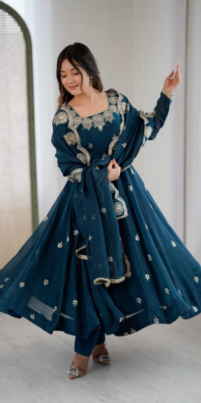 Teal Crunchy Silk Embroidery Work Gown | Gowns, Bollywood Gowns, Creative Gowns, Designer Gowns, Embroidered Gowns, Party Wear Gowns