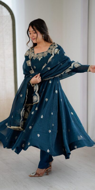 Teal Crunchy Silk Embroidery Work Gown | Gowns, Bollywood Gowns, Creative Gowns, Designer Gowns, Embroidered Gowns, Party Wear Gowns
