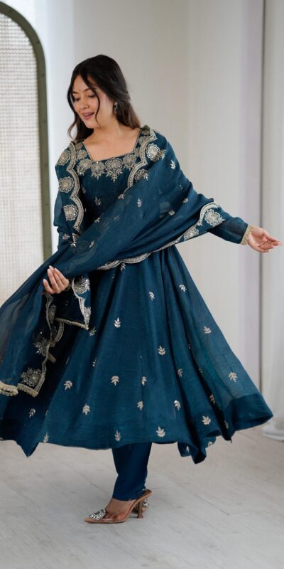 Teal Crunchy Silk Embroidery Work Gown | Gowns, Bollywood Gowns, Creative Gowns, Designer Gowns, Embroidered Gowns, Party Wear Gowns