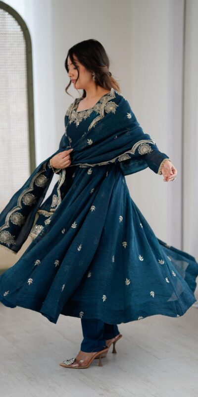 Teal Crunchy Silk Embroidery Work Gown | Gowns, Bollywood Gowns, Creative Gowns, Designer Gowns, Embroidered Gowns, Party Wear Gowns