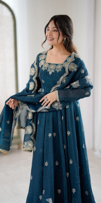 Teal Crunchy Silk Embroidery Work Gown | Gowns, Bollywood Gowns, Creative Gowns, Designer Gowns, Embroidered Gowns, Party Wear Gowns