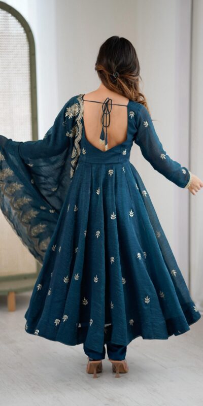 Teal Crunchy Silk Embroidery Work Gown | Gowns, Bollywood Gowns, Creative Gowns, Designer Gowns, Embroidered Gowns, Party Wear Gowns