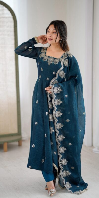 Teal Crunchy Silk Embroidery Work Gown | Gowns, Bollywood Gowns, Creative Gowns, Designer Gowns, Embroidered Gowns, Party Wear Gowns
