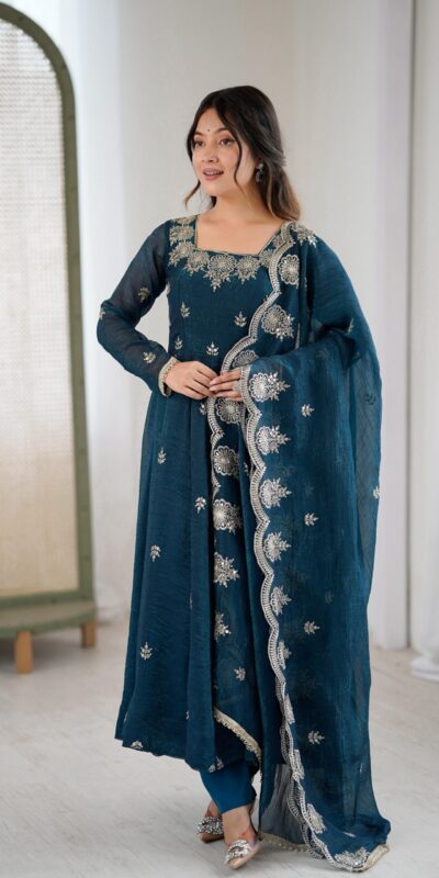 Teal Crunchy Silk Embroidery Work Gown | Gowns, Bollywood Gowns, Creative Gowns, Designer Gowns, Embroidered Gowns, Party Wear Gowns