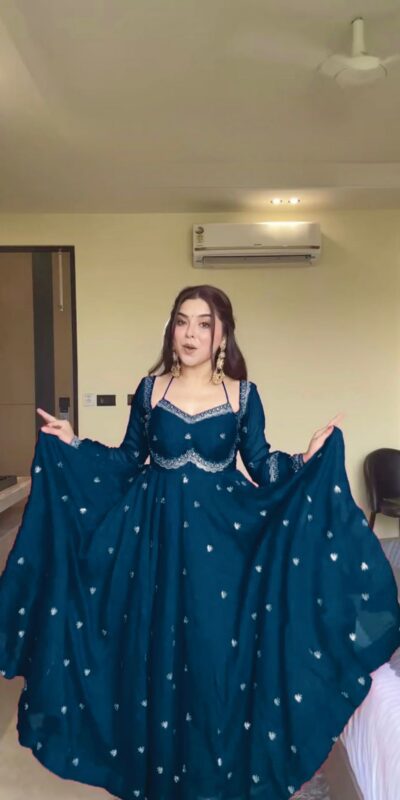 Teal Georgette Sequence Gown | Gowns, Bollywood Gowns, Creative Gowns, Designer Gowns, Embroidered Gowns, Party Wear Gowns