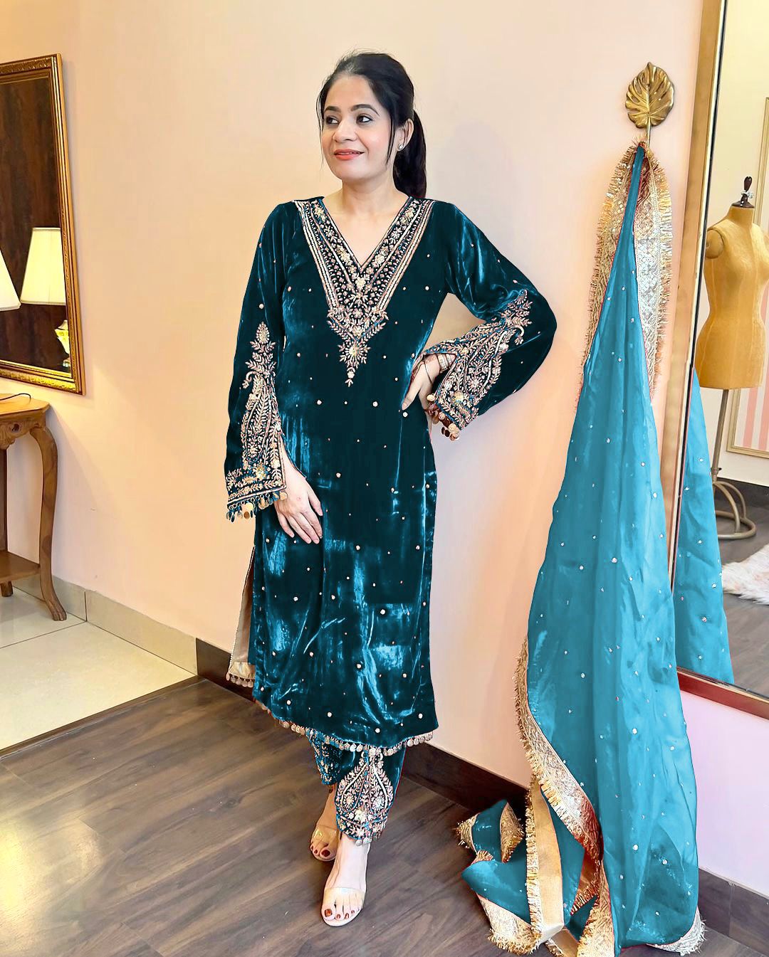 Teal Viscose Velvet Embroidery Salwar Suit | Jump Suits, Salwar suit, Casual Suits, Creative suits, Designer Suits, Palazzo Suits, Party Wear Suits, Patiala Suits, Straight Suits