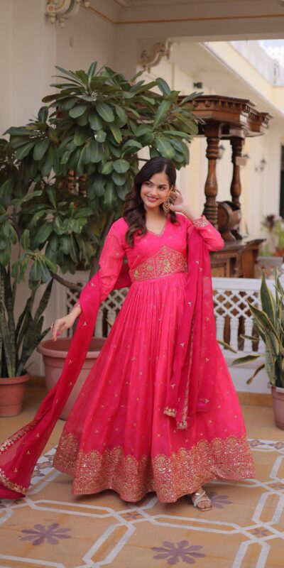 KA 1235 Pink Color Russian Silk Gown with Zari Work & Embroidery Work. Now at just ₹2499. Delivery 4-6 Working Days. Shop now. | Gowns, Bollywood Gowns, Creative Gowns, Designer Gowns, Embroidered Gowns, Party Wear Gowns
