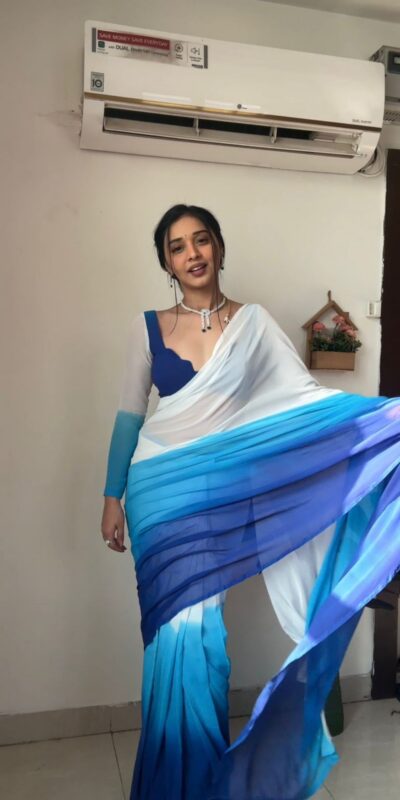White And Blue Soft Georgette Silk Ready To Wear Saree | Sarees, Bollywood Sarees, Creative Sarees, Designer Sarees, Embroidered Sarees, Ethnic Saree, Modern Digital sarees, Party Wear Sarees