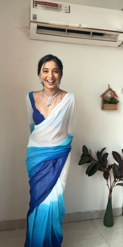 White And Blue Soft Georgette Silk Ready To Wear Saree | Sarees, Bollywood Sarees, Creative Sarees, Designer Sarees, Embroidered Sarees, Ethnic Saree, Modern Digital sarees, Party Wear Sarees