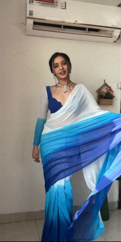White And Blue Soft Georgette Silk Ready To Wear Saree | Sarees, Bollywood Sarees, Creative Sarees, Designer Sarees, Embroidered Sarees, Ethnic Saree, Modern Digital sarees, Party Wear Sarees