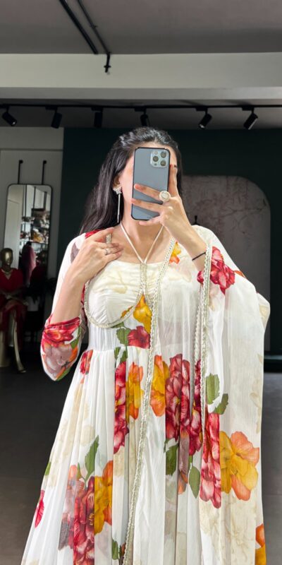 White Chiffon Floral Print Lace Work Gown | Gowns, Bollywood Gowns, Creative Gowns, Designer Gowns, Embroidered Gowns, Party Wear Gowns