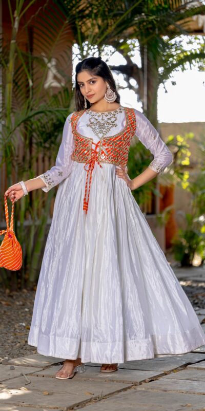 White Chinon Laheriya Print Gotta Patti Cording Work Anarkali Gown | Gowns, Bollywood Gowns, Creative Gowns, Designer Gowns, Embroidered Gowns, Party Wear Gowns, Straight Suits