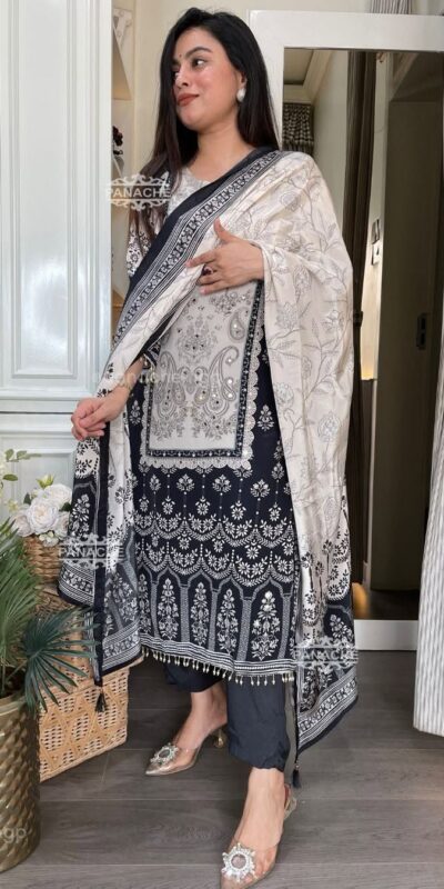 White Chinon Printed Mirror Work Salwar Suit | Jump Suits, Salwar suit, Casual Suits, Creative suits, Designer Suits, Palazzo Suits, Party Wear Suits, Patiala Suits, Straight Suits