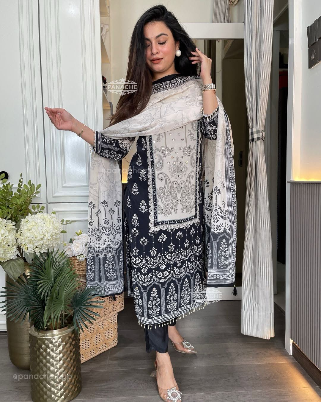 White Chinon Printed Mirror Work Salwar Suit | Jump Suits, Salwar suit, Casual Suits, Creative suits, Designer Suits, Palazzo Suits, Party Wear Suits, Patiala Suits, Straight Suits