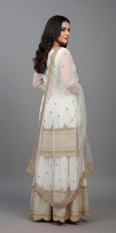 White Faux Georgette Embroider Salwar Suit | Jump Suits, Salwar suit, Casual Suits, Creative suits, Designer Suits, Palazzo Suits, Party Wear Suits, Patiala Suits, Straight Suits