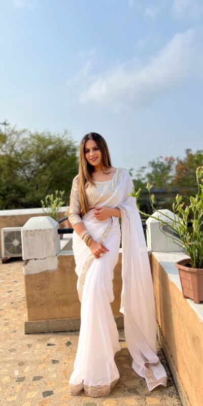 White Georgette Heavy Sequin Saree | Sarees, Bollywood Sarees, Creative Sarees, Designer Sarees, Embroidered Sarees, Ethnic Saree, Modern Digital sarees, Party Wear Sarees
