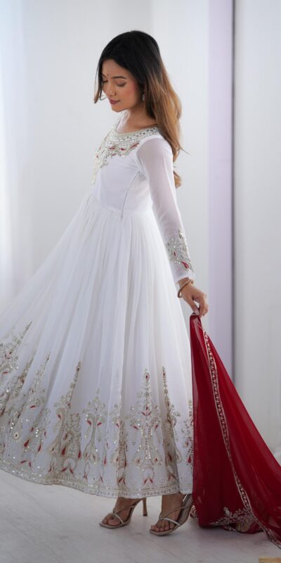 White Georgette With Embroidery Work Gown | Jump Suits, Salwar suit, Casual Suits, Creative suits, Designer Suits, Palazzo Suits, Party Wear Suits, Patiala Suits, Straight Suits