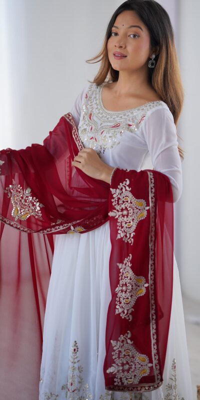 White Georgette With Embroidery Work Gown | Jump Suits, Salwar suit, Casual Suits, Creative suits, Designer Suits, Palazzo Suits, Party Wear Suits, Patiala Suits, Straight Suits