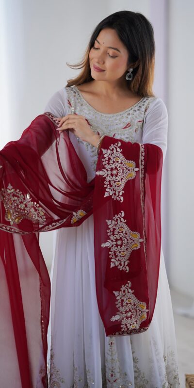 White Georgette With Embroidery Work Gown | Jump Suits, Salwar suit, Casual Suits, Creative suits, Designer Suits, Palazzo Suits, Party Wear Suits, Patiala Suits, Straight Suits