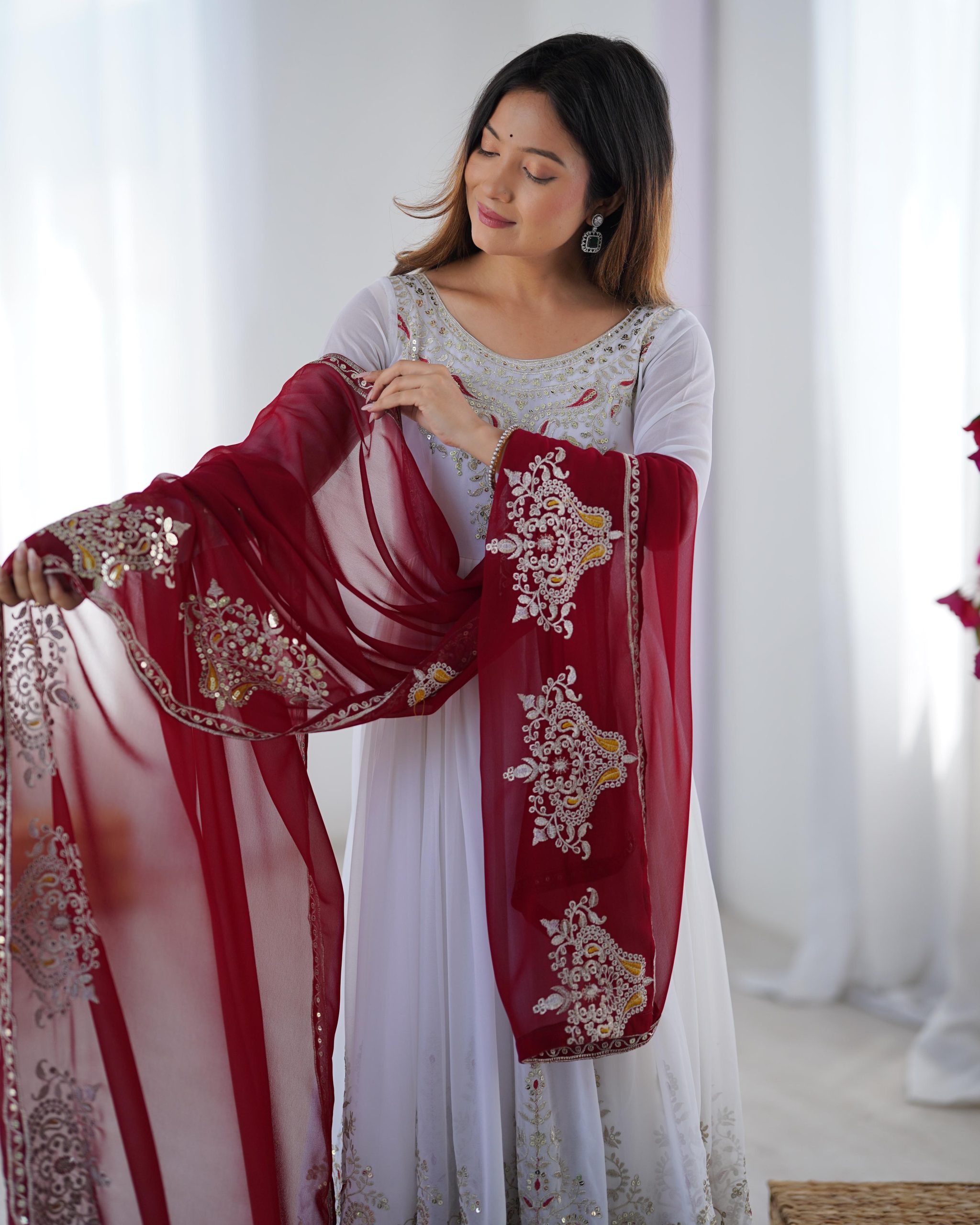 White Georgette With Embroidery Work Gown | Jump Suits, Salwar suit, Casual Suits, Creative suits, Designer Suits, Palazzo Suits, Party Wear Suits, Patiala Suits, Straight Suits