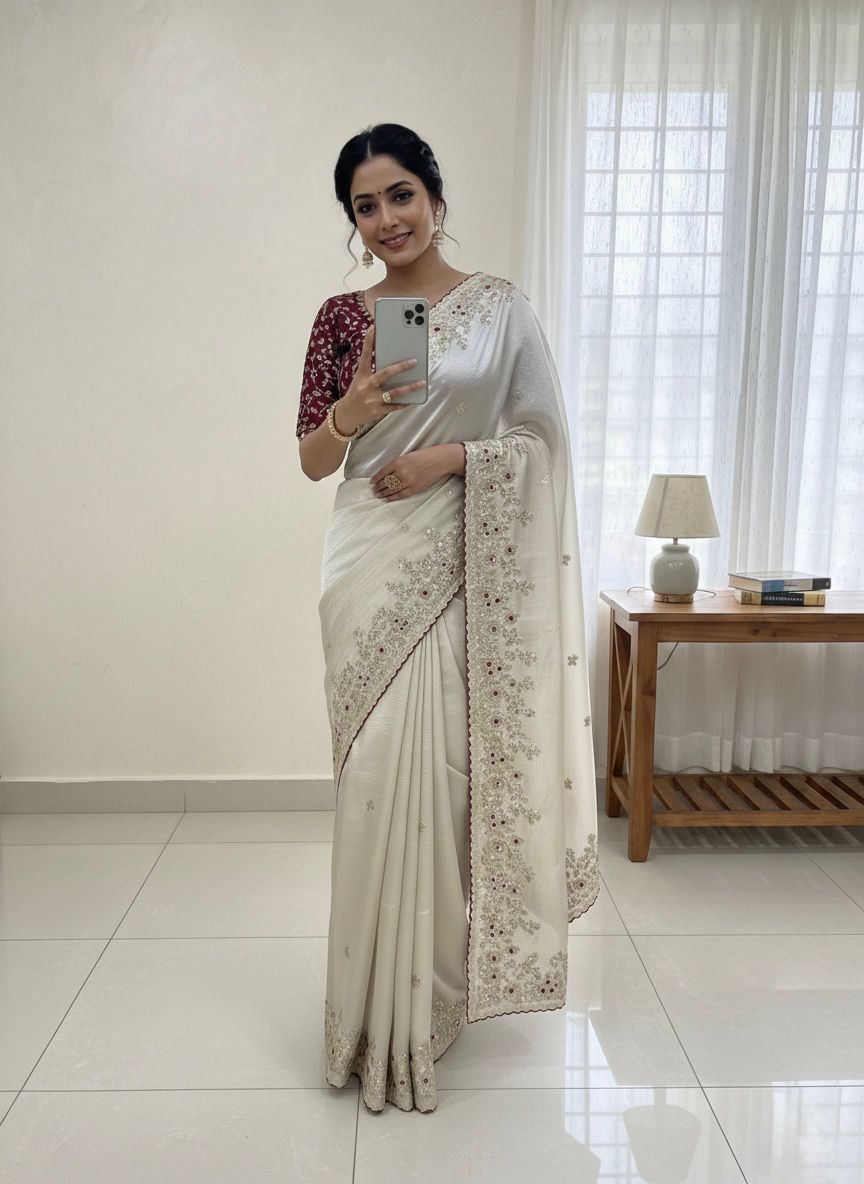 White Organza Silk Sequin Embroidery Work Saree | Sarees, Bollywood Sarees, Creative Sarees, Designer Sarees, Embroidered Sarees, Ethnic Saree, Modern Digital sarees, Party Wear Sarees