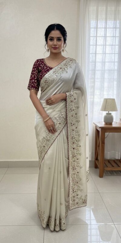 White Organza Silk Sequin Embroidery Work Saree | Sarees, Bollywood Sarees, Creative Sarees, Designer Sarees, Embroidered Sarees, Ethnic Saree, Modern Digital sarees, Party Wear Sarees