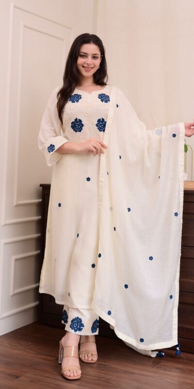 White Roman Silk Embroidery Salwar Suit | Jump Suits, Tops & Bottoms, Track Suits, Salwar suit, Casual Suits, Creative suits, Designer Suits, Palazzo Suits, Party Wear Suits, Patiala Suits, Straight Suits, Trendy Wear