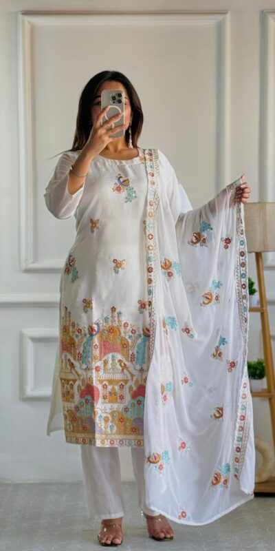 White Roman Silk With Embroidery Work Salwar Suit | Jump Suits, Salwar suit, Casual Suits, Creative suits, Designer Suits, Palazzo Suits, Party Wear Suits, Patiala Suits, Straight Suits