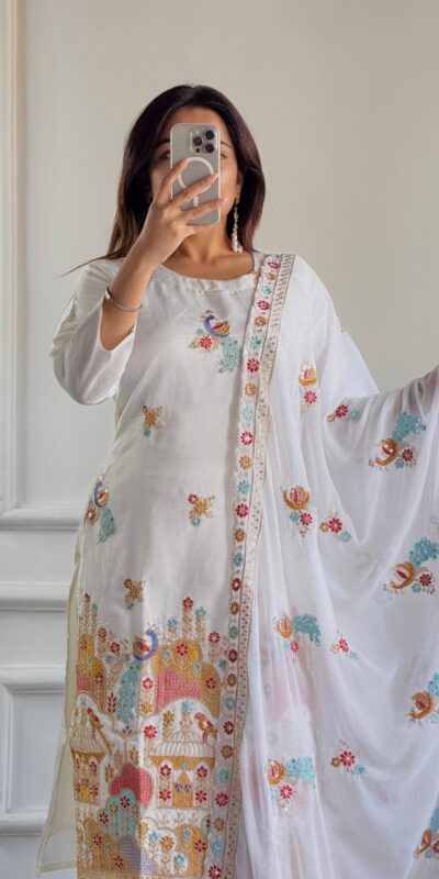 White Roman Silk With Embroidery Work Salwar Suit | Jump Suits, Salwar suit, Casual Suits, Creative suits, Designer Suits, Palazzo Suits, Party Wear Suits, Patiala Suits, Straight Suits