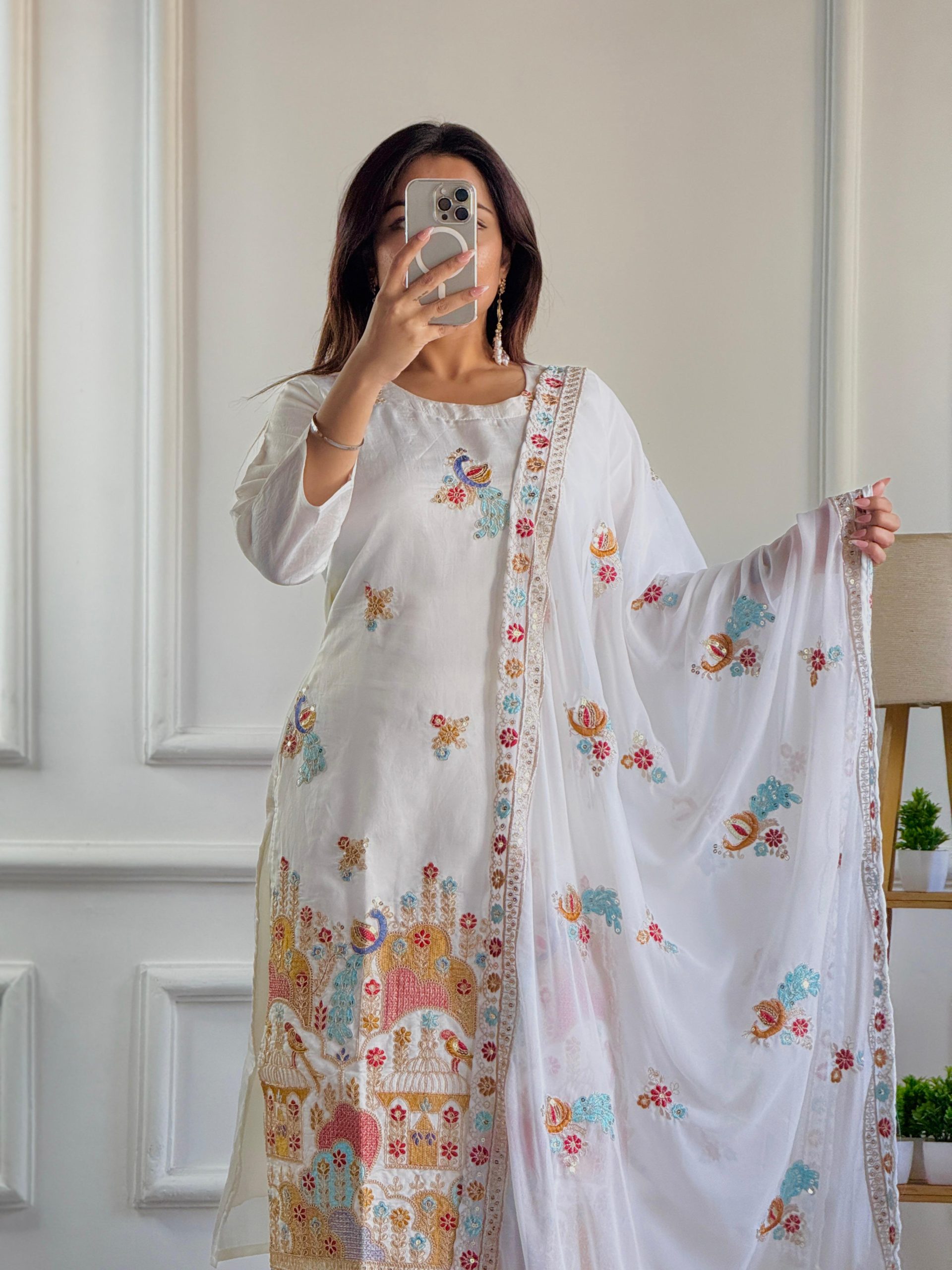 White Roman Silk With Embroidery Work Salwar Suit | Jump Suits, Salwar suit, Casual Suits, Creative suits, Designer Suits, Palazzo Suits, Party Wear Suits, Patiala Suits, Straight Suits