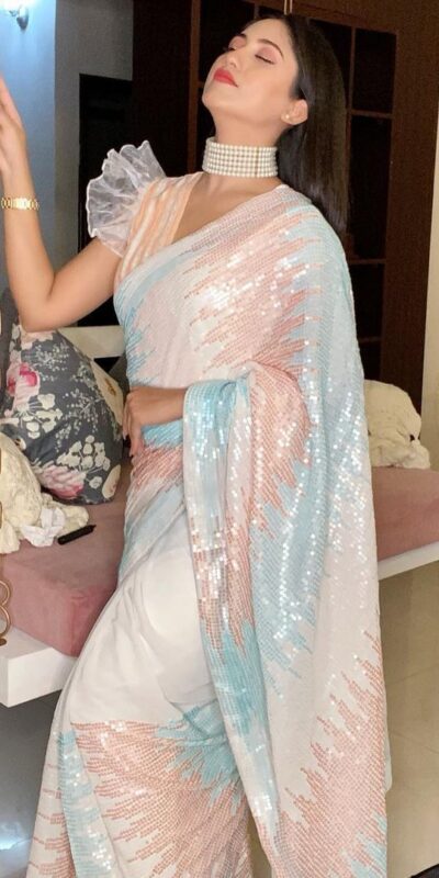 White Soft Georgette Shaded Sequin Saree | Sarees, Bollywood Sarees, Creative Sarees, Designer Sarees, Embroidered Sarees, Ethnic Saree, Modern Digital sarees, Party Wear Sarees