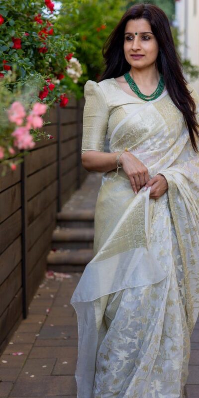 White Soft Lichi Silk Jacquard Saree | Sarees, Bollywood Sarees, Creative Sarees, Designer Sarees, Embroidered Sarees, Ethnic Saree, Modern Digital sarees, Party Wear Sarees