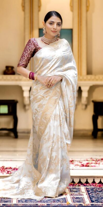 White Soft Litchi Silk All Over Weaving Saree | Sarees, Bollywood Sarees, Creative Sarees, Designer Sarees, Embroidered Sarees, Ethnic Saree, Modern Digital sarees, Party Wear Sarees